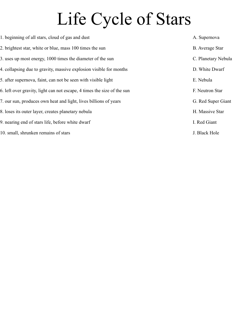 Life Cycle of Stars Worksheet