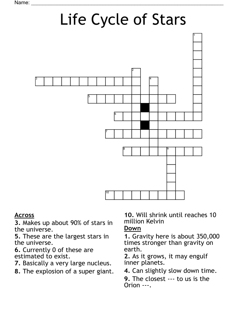 Life Cycle of Stars Crossword