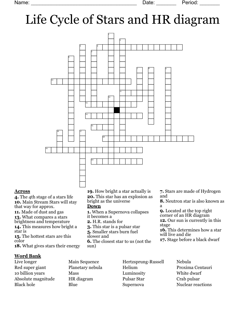 Life Cycle of Stars and HR diagram Crossword