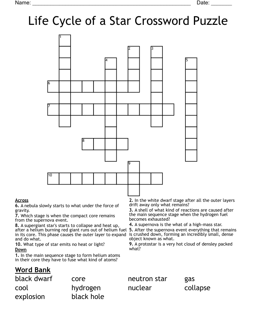 Life Cycle of a Star Crossword Puzzle 