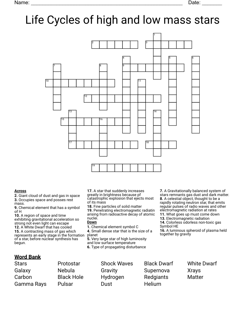 Life Cycles of high and low mass stars Crossword