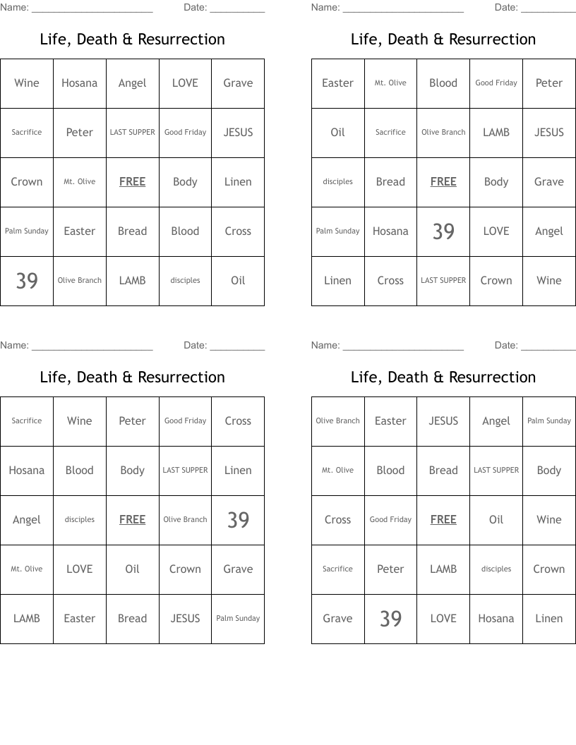 Life, Death & Resurrection Bingo Cards