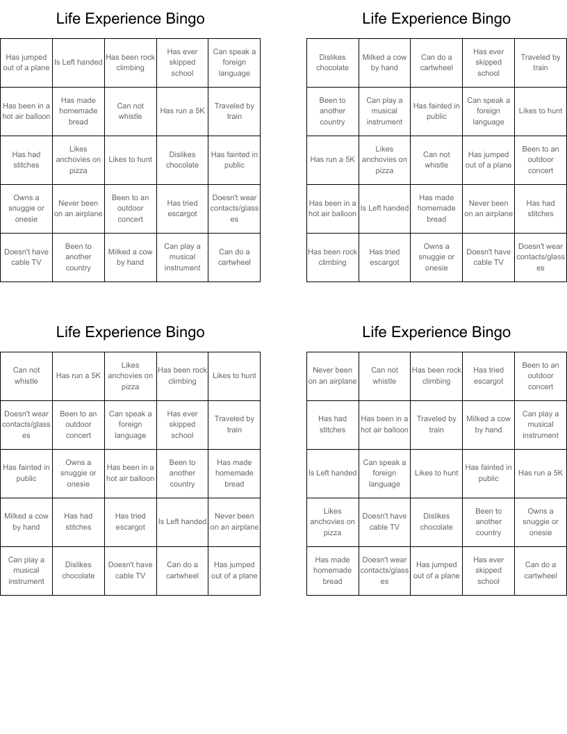 Life Experience Bingo