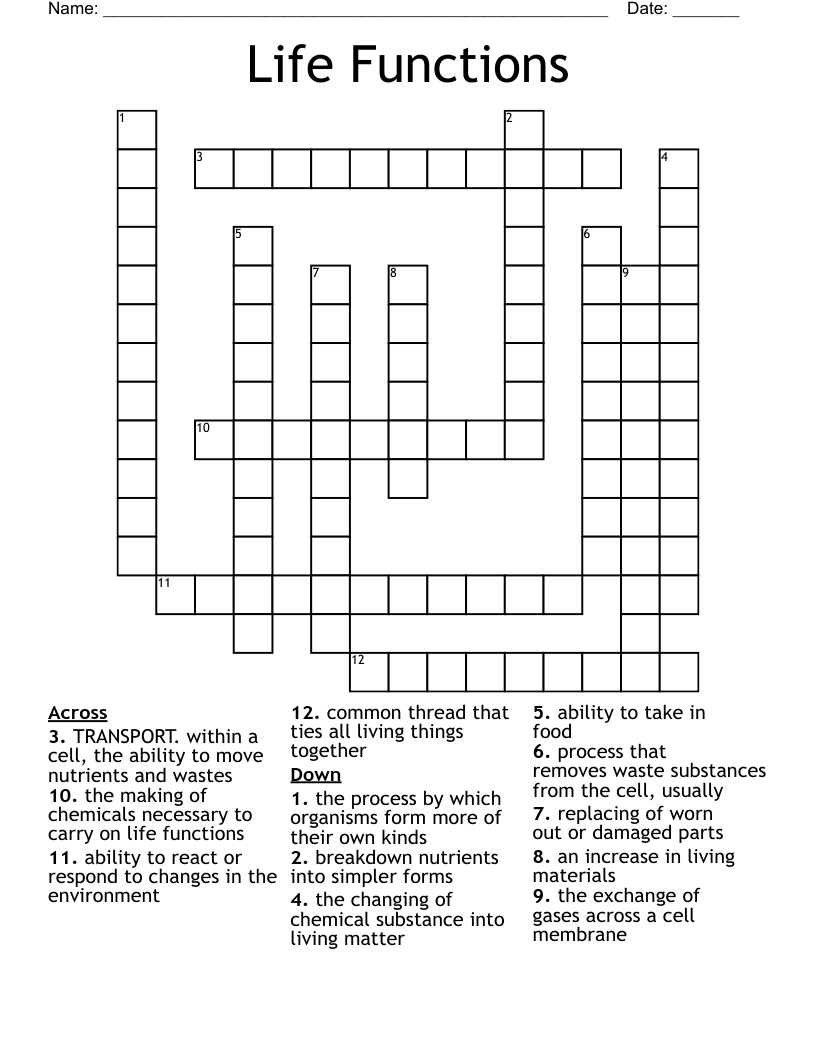 Life Functions Crossword