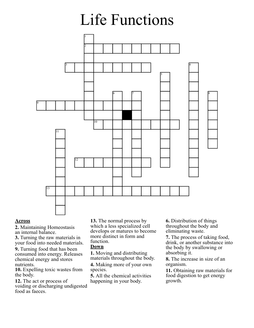Life Functions Crossword