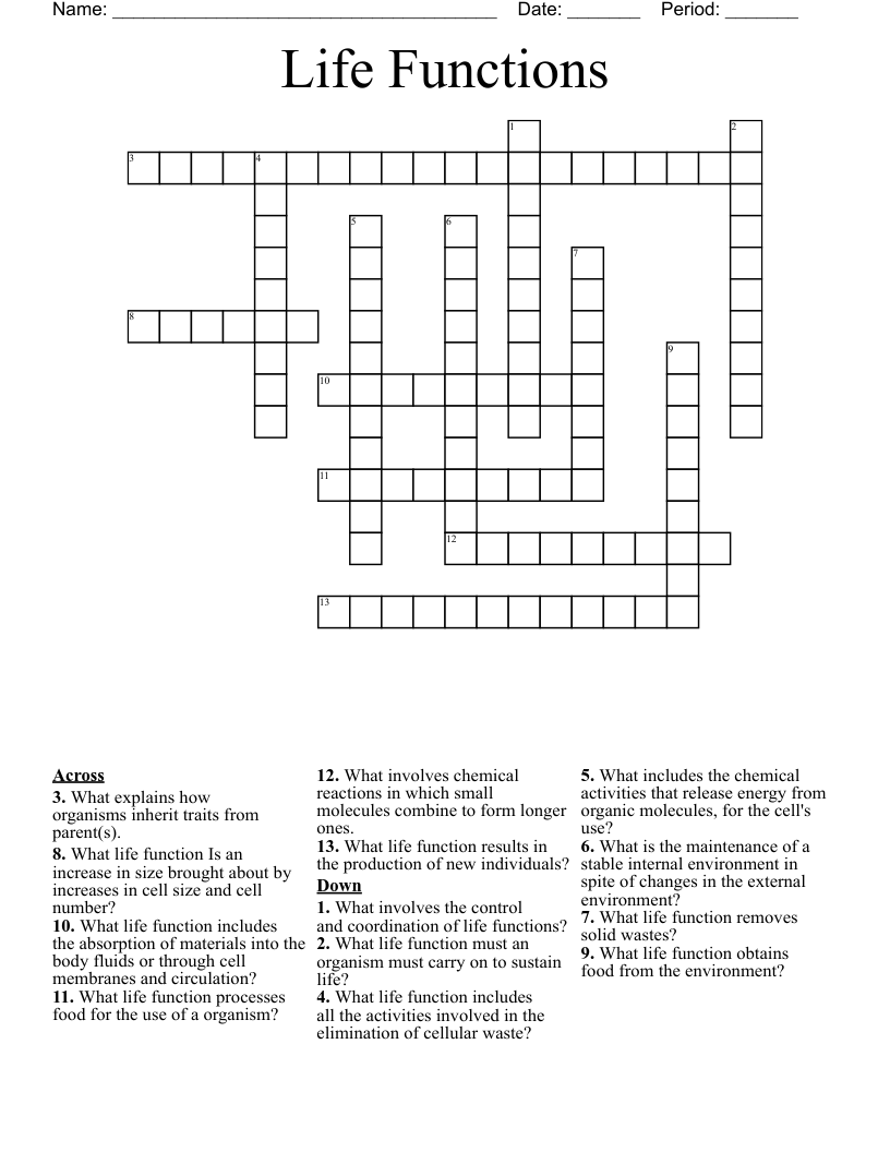 Life Functions Crossword