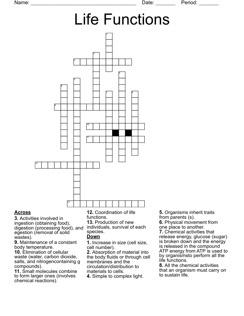Life Functions Crossword