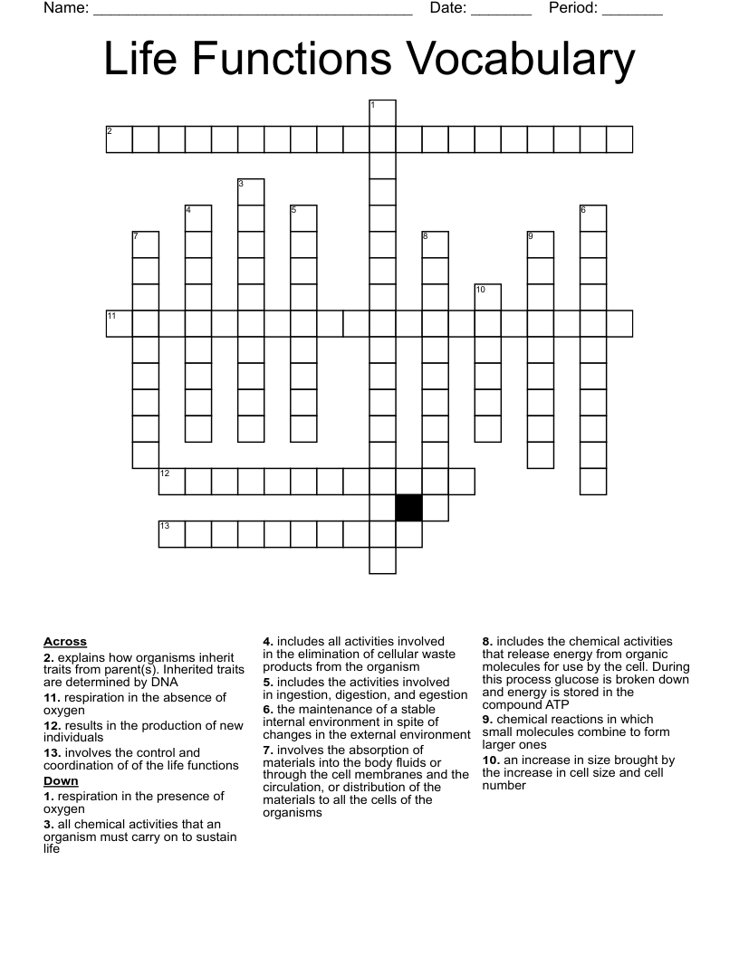 Life Functions Vocabulary Crossword