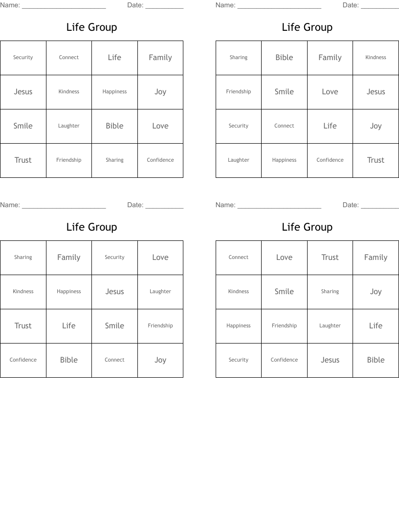 Life Group Bingo Cards