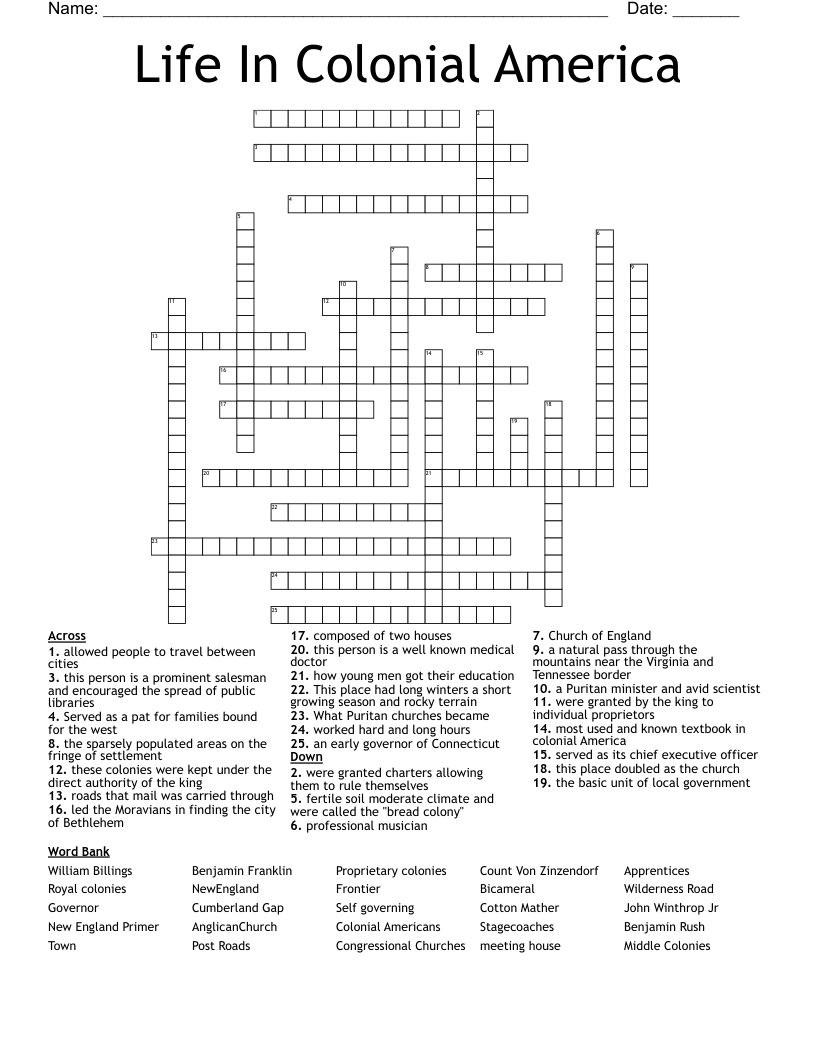Life In Colonial America Crossword