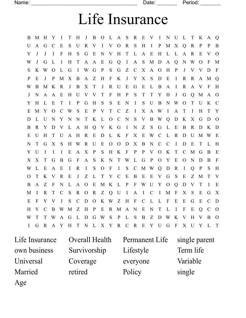 Life Insurance Word Search