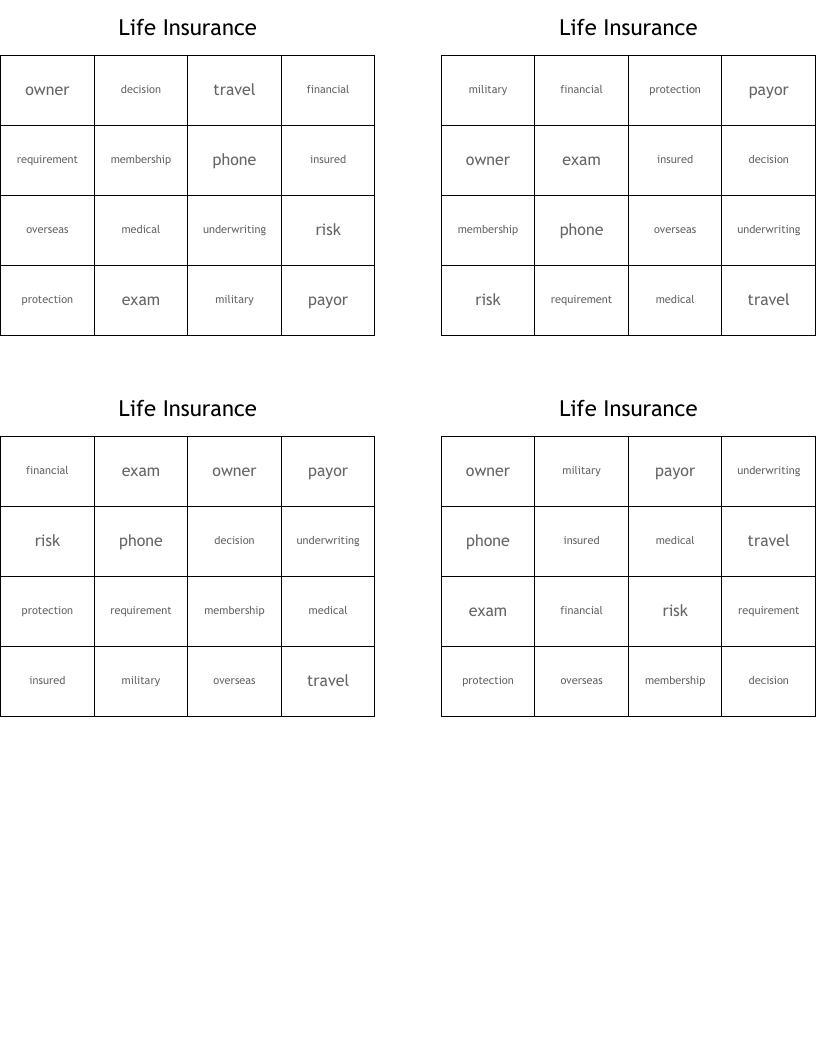 Life Insurance Bingo Cards