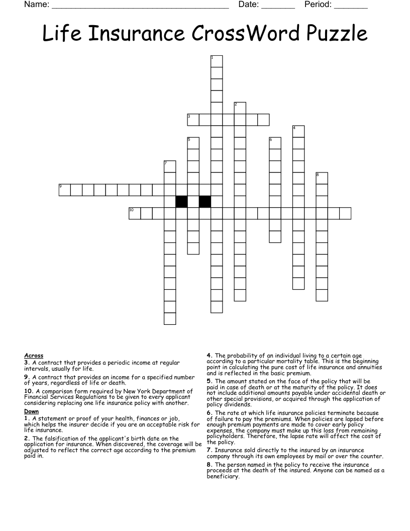 Life Insurance CrossWord Puzzle
