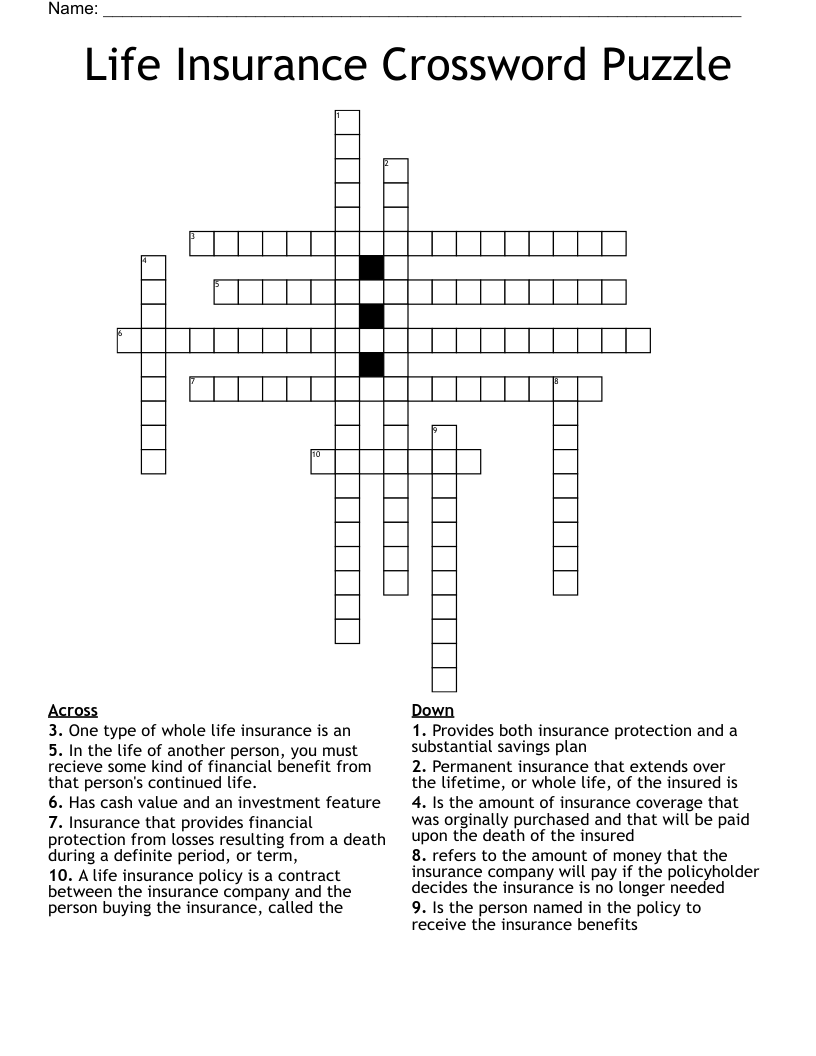 Life Insurance Crossword Puzzle
