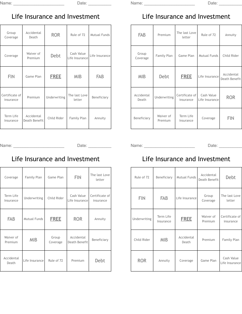 Life Insurance and Investment  Bingo Cards