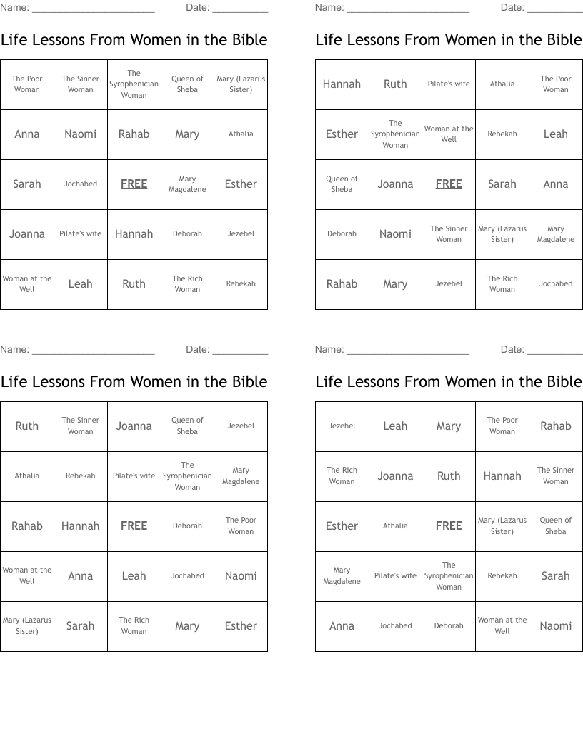 Life Lessons From Women in the Bible Bingo Cards