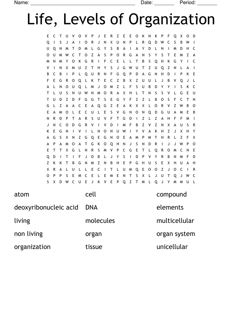Life, Levels of Organization Word Search