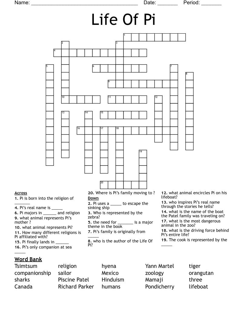 Life Of Pi Crossword