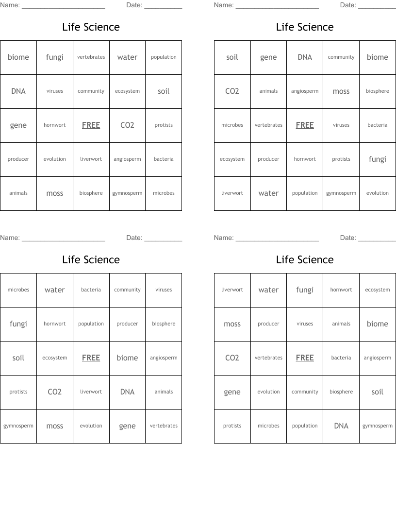 Life Science Bingo Cards