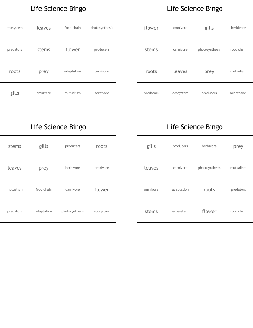 Life Science Bingo