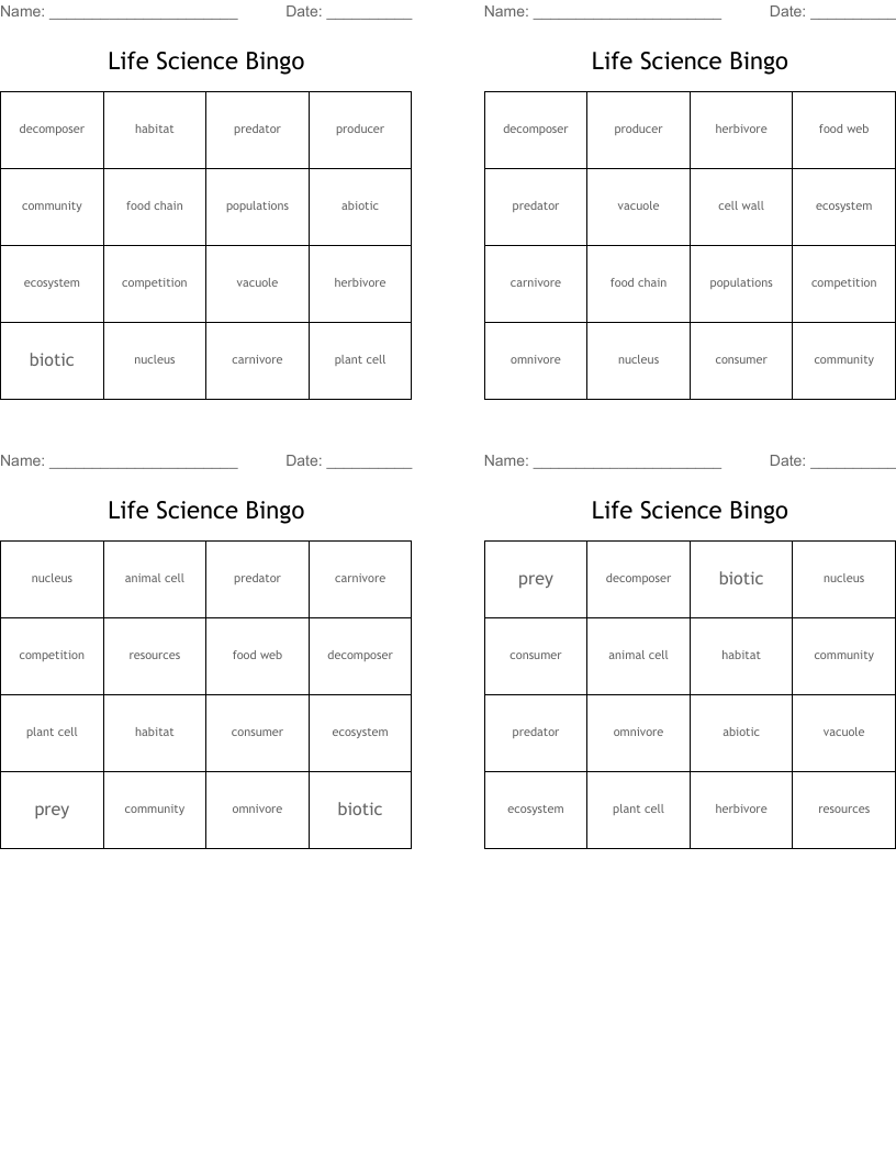 Life Science Bingo