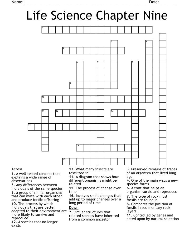 Life Science Chapter Nine Crossword