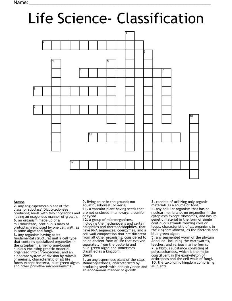 Life Science- Classification Crossword