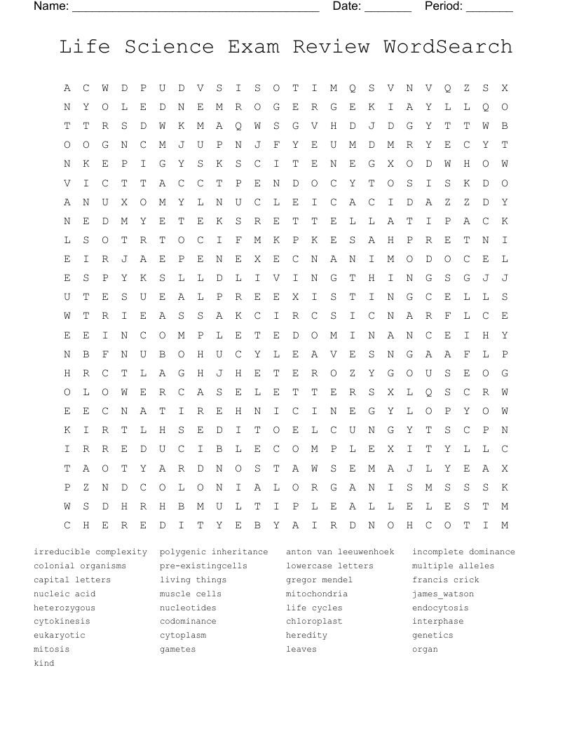 Life Science Exam Review WordSearch