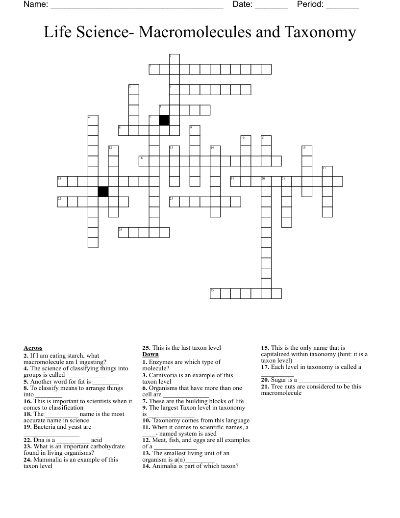 Life Science- Macromolecules and Taxonomy  Crossword