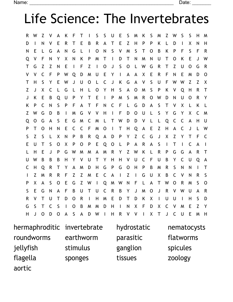 Life Science: The Invertebrates Word Search