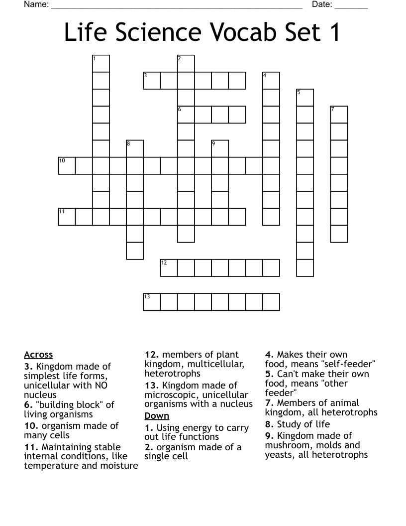 Life Science Vocab Set 1 Crossword