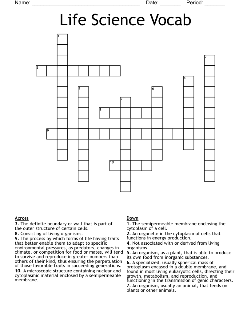 Life Science Vocab  Crossword
