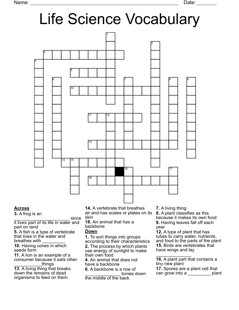 Life Science Vocabulary Crossword