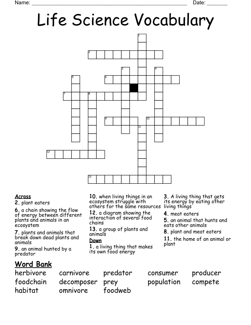 Life Science Vocabulary Crossword