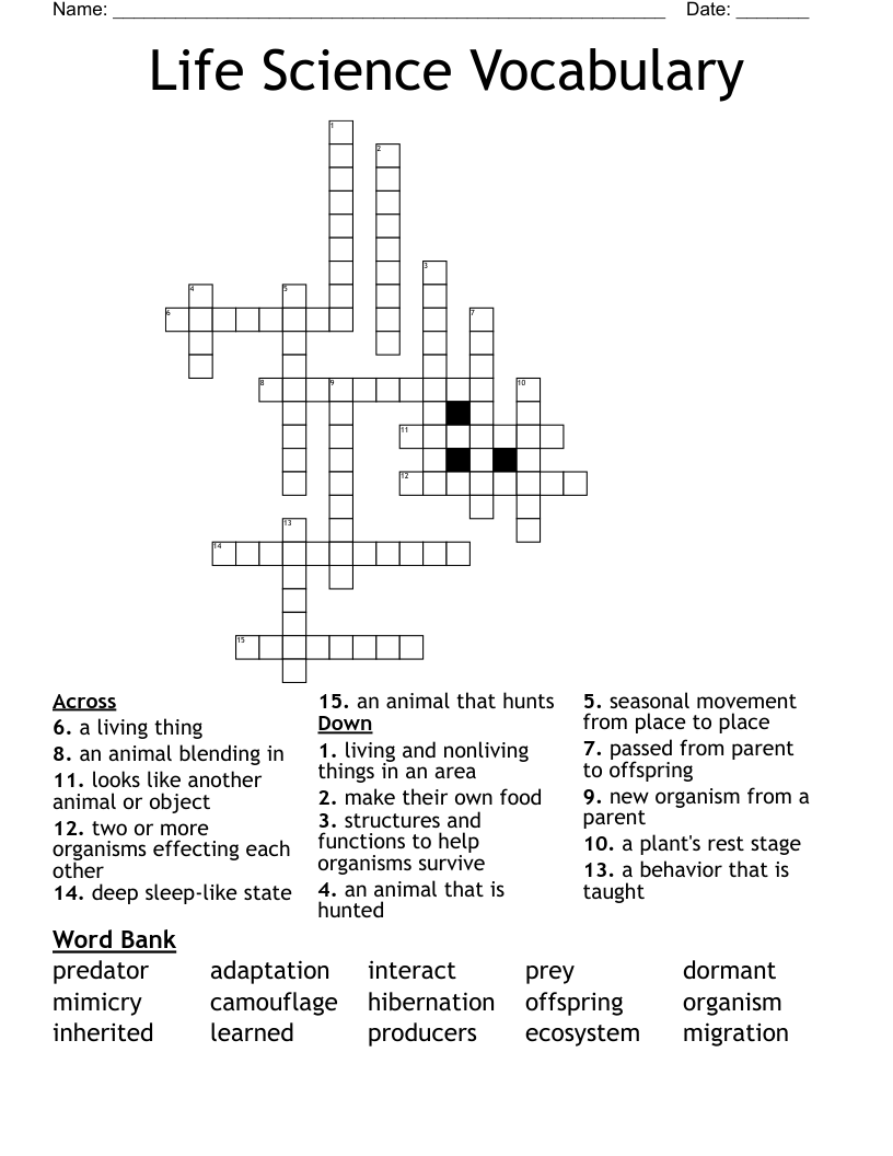 Life Science Vocabulary Crossword