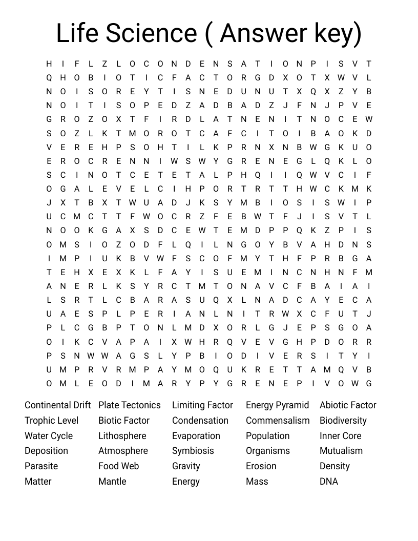 Life Science ( Answer key) Word Search