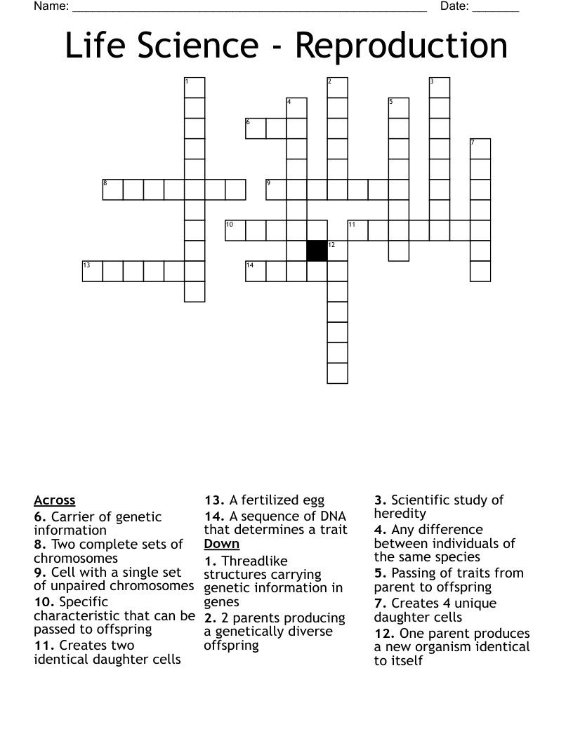 Life Science - Reproduction Crossword