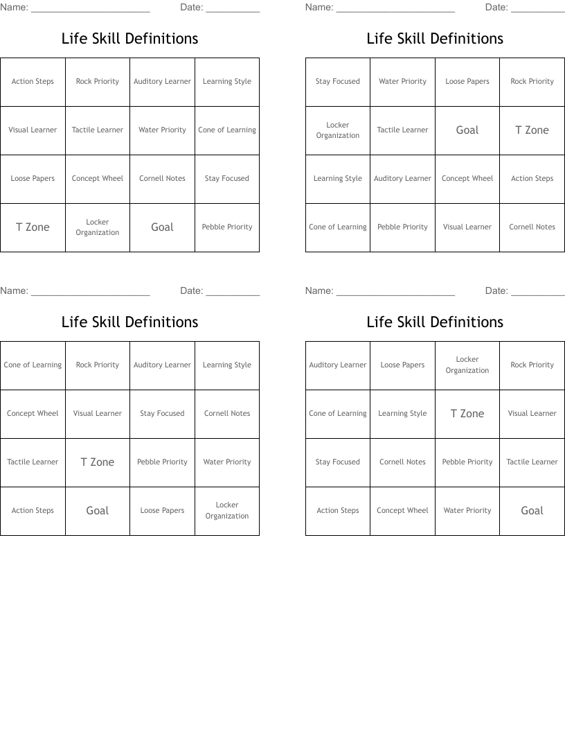 Life Skill Definitions Bingo Cards