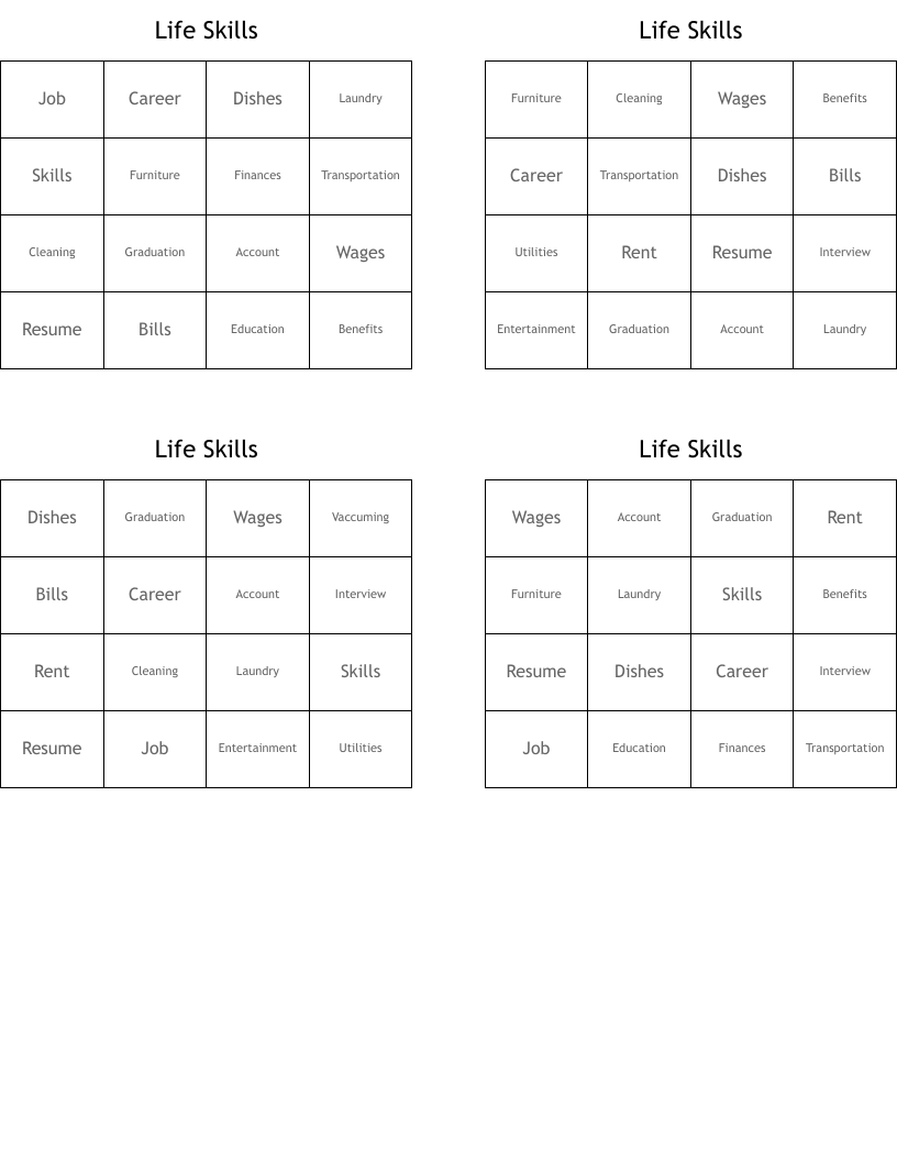 Life Skills Bingo Cards