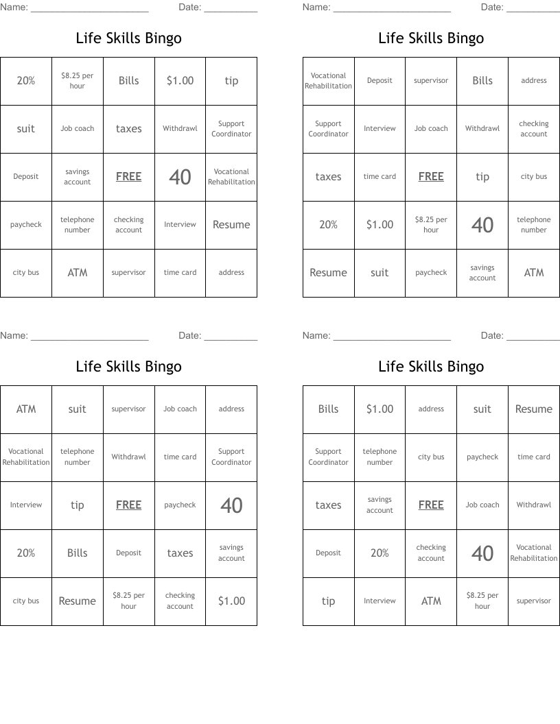 Life Skills Bingo