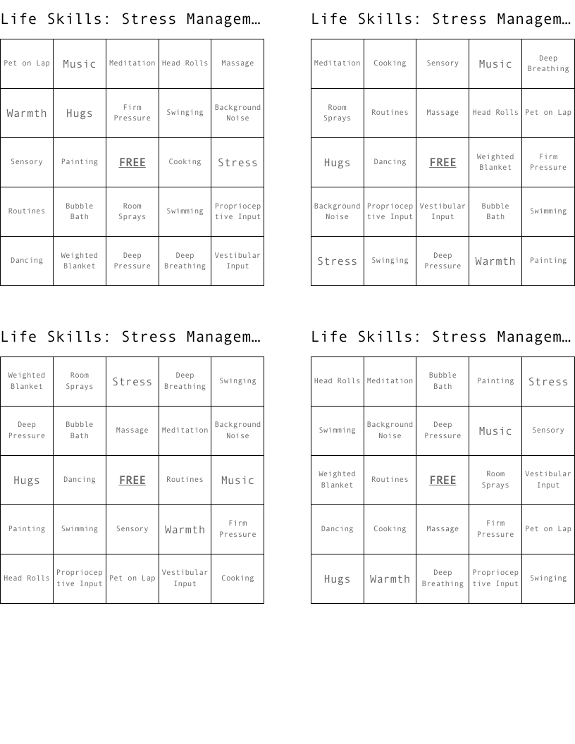 Life Skills: Stress Management  Bingo Cards
