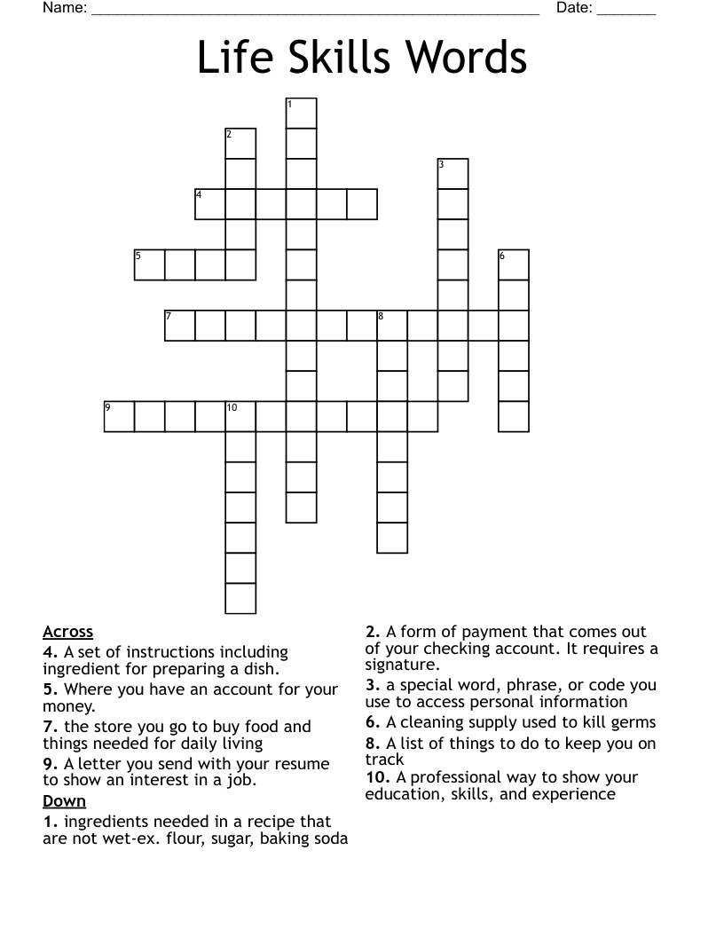 Life Skills Words Crossword