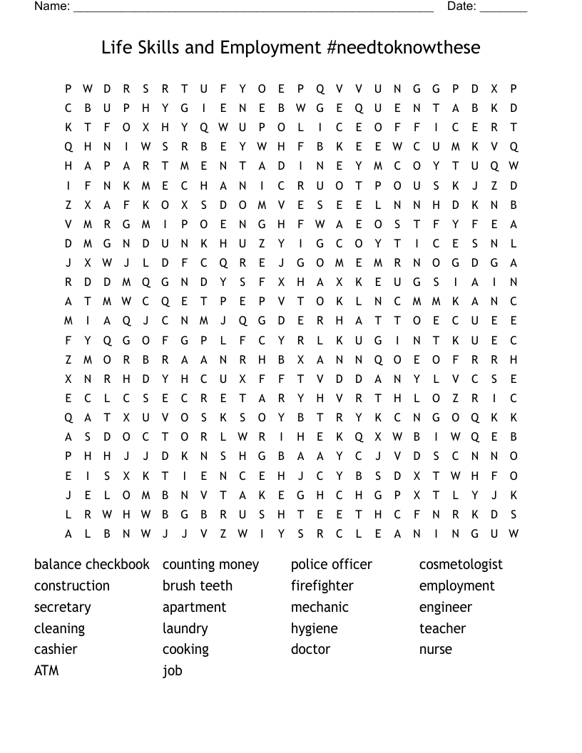 Life Skills and Employment                #needtoknowthese Word Search