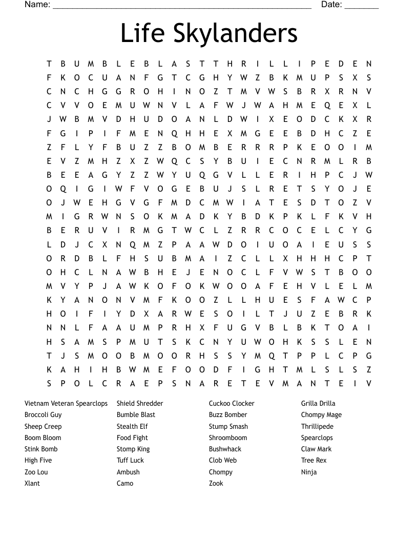Life Skylanders Word Search
