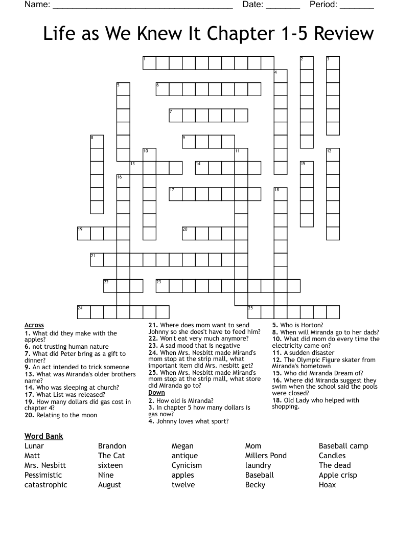 Life as We Knew It Chapter 1-5 Review Crossword