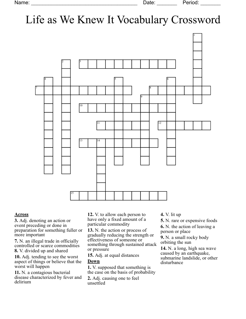 Life as We Knew It Vocabulary Crossword