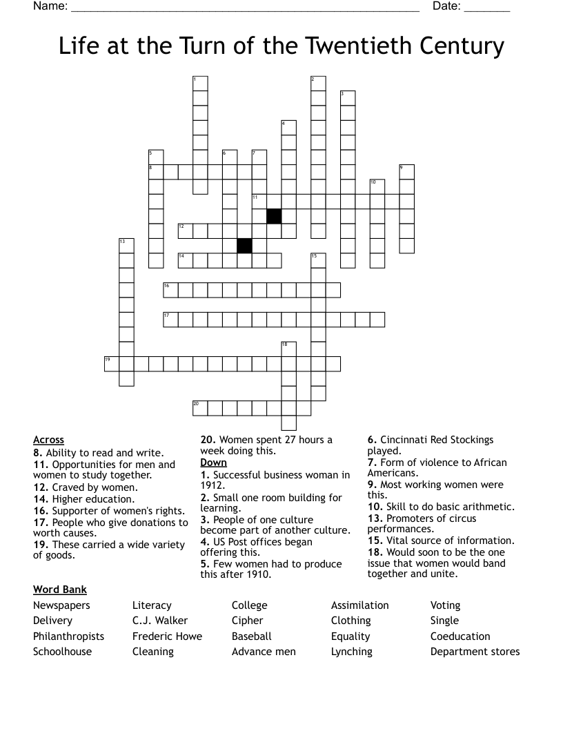 Life at the Turn of the Twentieth Century Crossword