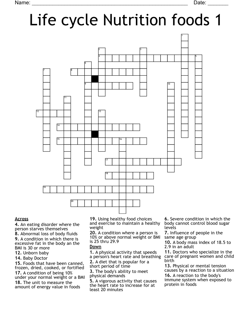 Life cycle Nutrition foods 1 Crossword