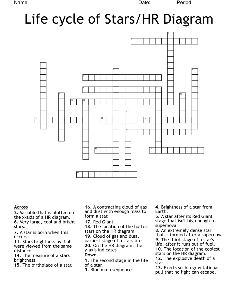 Life cycle of Stars/HR Diagram Crossword