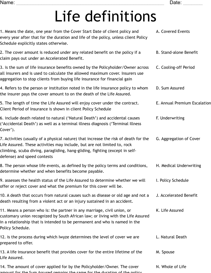 Life definitions  Worksheet